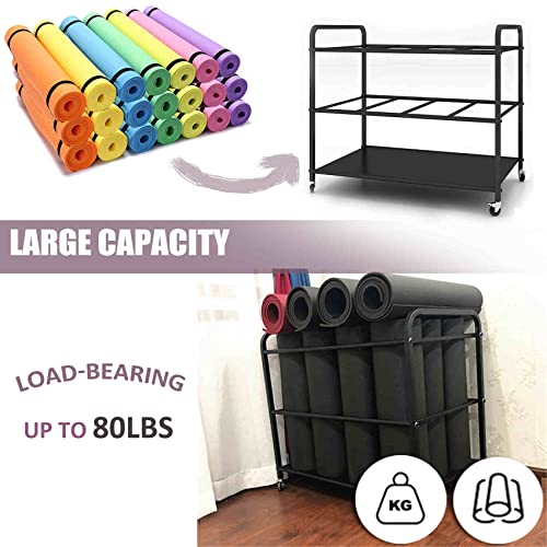 Black Yoga Mat Storage Rack with Wheels - Multi-Purpose Gym Organizer for Fitness Equipment