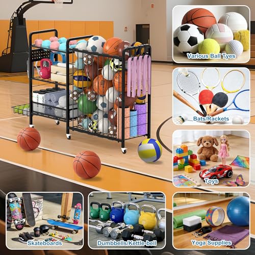 DUDUXI Deep Black Garage Sports Equipment Organizer with Wheels - Multi-Tier Ball Storage Rack with Hooks & Baskets