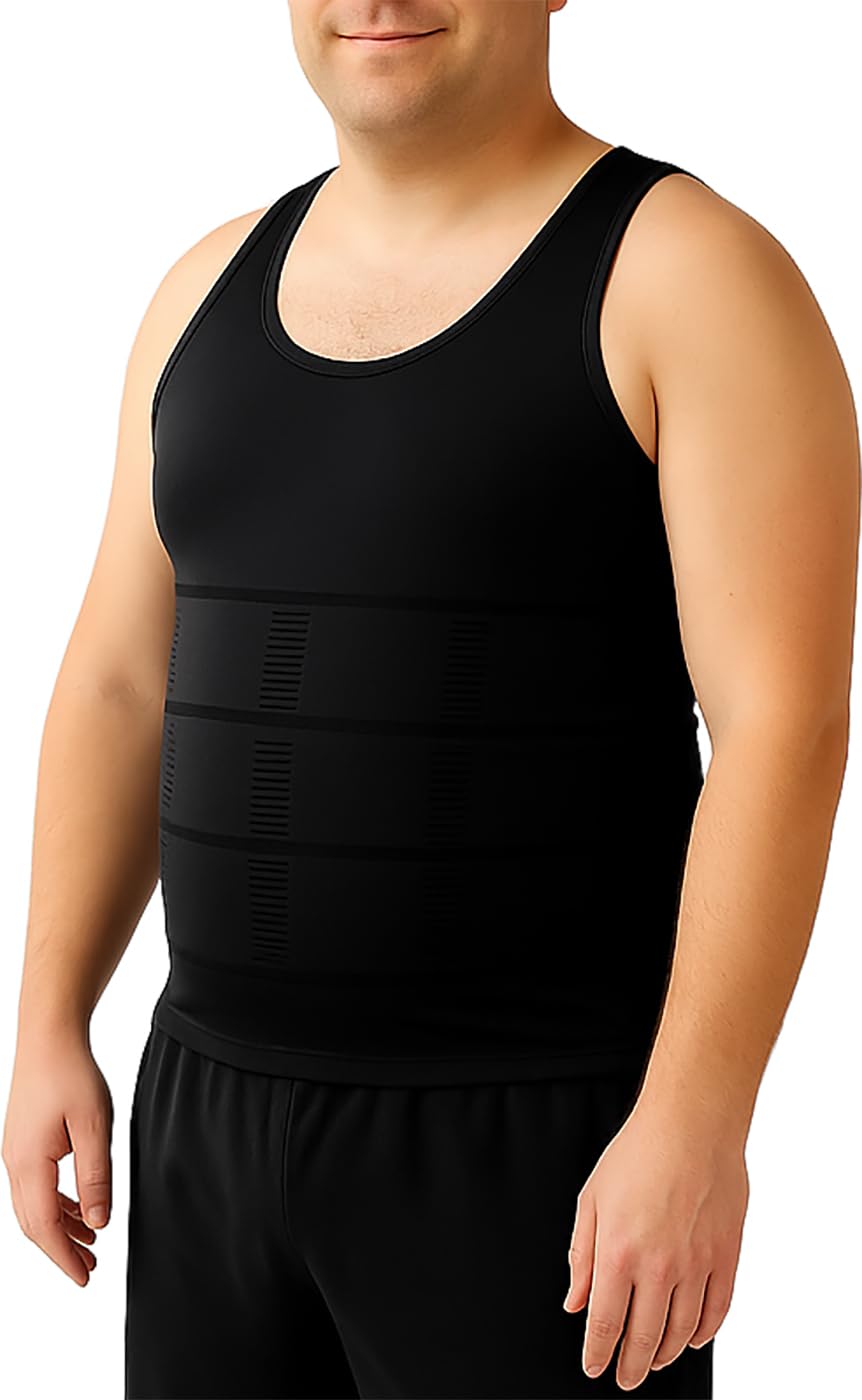 SELURE Shaping Tank Men 2.0 Compression Shirt Shapewear Workout Tops Breathable Shaper Vest Abs Abdomen Undershirt Black