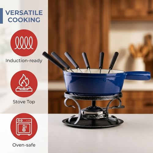 Artestia Blue Cast Iron Cheese Fondue Pot Set - 2.1 Qt 10-Piece