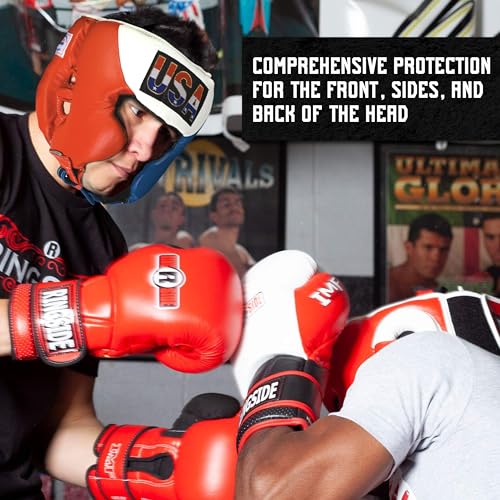 Boxing Headgear - Muay Thai MMA Sparring Head Protection with Cheeks - Red Medium