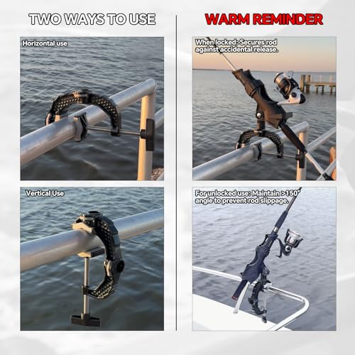4 Pack Fishing Rod Holders with Aluminum Alloy Base & One-Click Lock System - Fits Round & Square Tubes 0.59-4.53 Inches