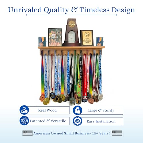 MedalAwardsRack Premier Medal Hanger Display Rack and Trophy Shelf - Stained Walnut, 2ft