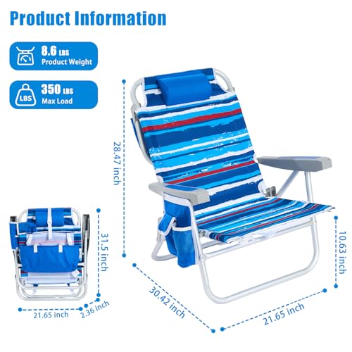 Blue Stripes 2-Pack Sunnyfeel Low Beach Chairs with Cooler & Cup Holder, 5-Position Reclining, Portable Folding Camping Chairs Support 350 lbs