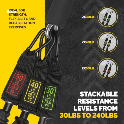 Yellow & Black Resistance Bands Set with Handles, Bar, Ankle & Door Anchor - 180LB