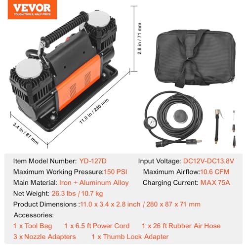 VEVOR 10.6 CFM Heavy Duty Portable Air Compressor 12V 150PSI Offroad Tire Inflator with Adapters, Orange & Black, 14.4x5.9x8.9 in