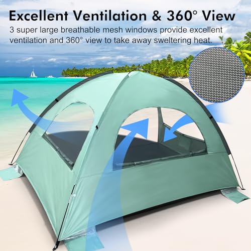 Mint Green Portable Beach Tent for 3-4 People Anti-UV Sun Shade Shelter
