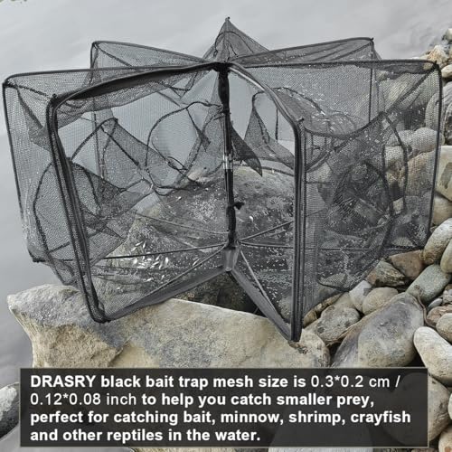 Foldable Black Fishing Bait Trap with 6 Entrances - 27.6x10.2in, Collapsible Minnow, Crab & Shrimp Catcher - Drasry