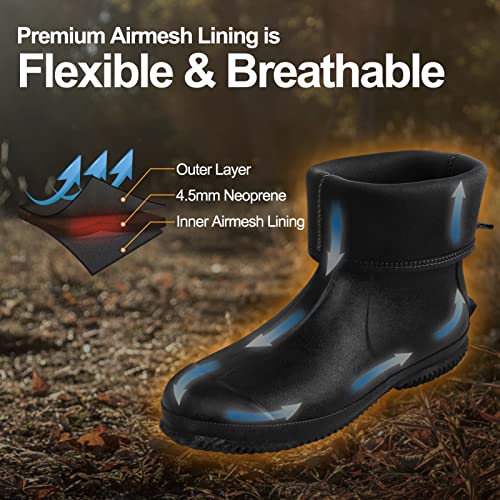 Hunthor Men's Rubber Work Boots with Steel Shank Black - 6mm Neoprene Insulated Waterproof Rain Boots for Hunting Gardening Farming Fishing - Mid Calf