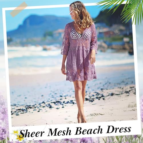 Purple Cuffbow Boho Lace V-Neck Bathing Suit Cover Up for Women