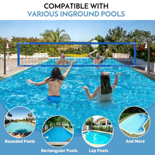 Olybeaka Blue Inground Pool Volleyball Net Set, Adjustable 15-26 FT, Rust-Resistant Aluminum Frame