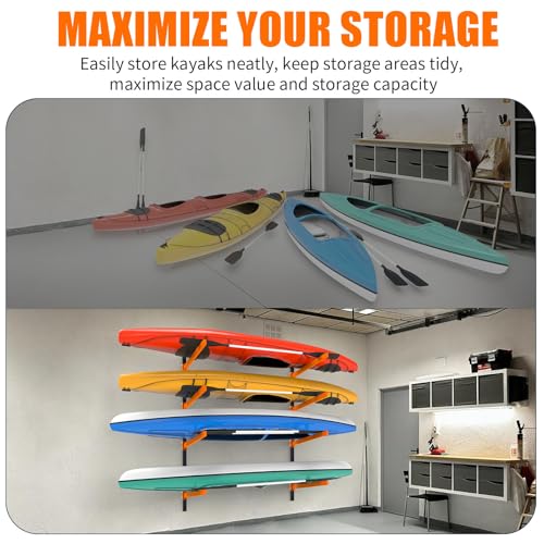 4 Levels Wall Mount Kayak Storage Rack - Heavy Duty Adjustable Indoor Outdoor Garage