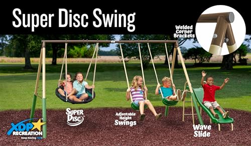 XDP Recreation Kids Swing Set with SuperDisc Swing & Safety Padded Frame, 148x93 Inches Backyard Playground for Ages 3-8