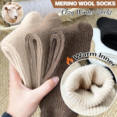 Women Merino Wool Slouch Boot Socks 5 Pairs - Large White Khaki Black Thermal Cozy Winter