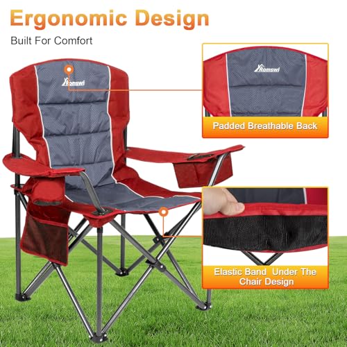 Romswi Red XL Heavy Duty Camping Chairs 500LBS Support, Padded Back & Armrests, 2-Pack