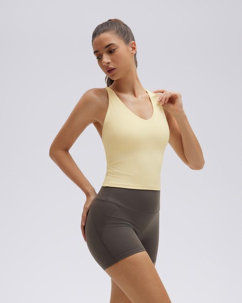 SUUKSESS V Neck Padded Longline Sports Bras Workout Open Back Yoga Tank Tops (Yellow, M)