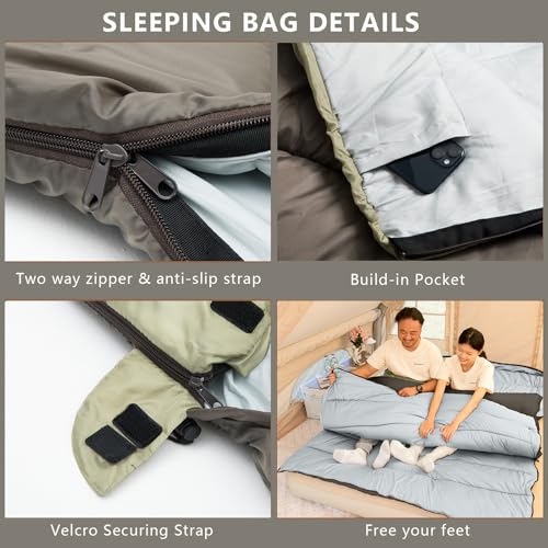 BISINNA Double Sleeping Bag for Adults - Queen Size, Green, Warm & Spacious