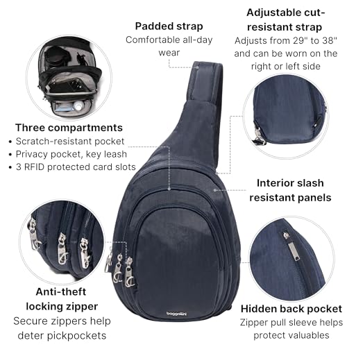 Baggallini Securtex Anti-Theft Travel Sling Bag with Locking Zippers - French Navy
