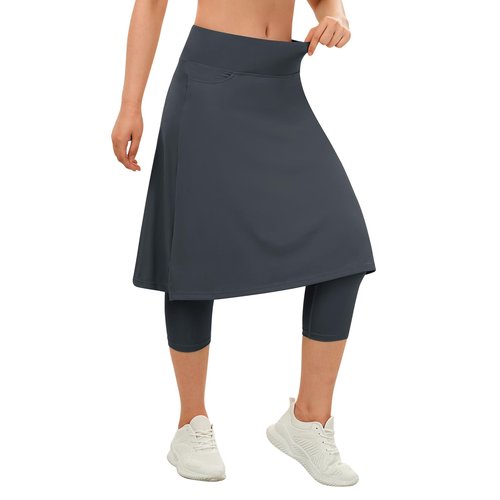 beroy Skirt with Capri Leggings for Woman Modest Workout Knee Length Skorts with Pockets Athletic Golf Tennis Yoga Skirts Grey XL