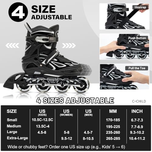 Adjustable Inline Skates for Kids and Adults - Silver, Size Large Youth 4.5-8 US