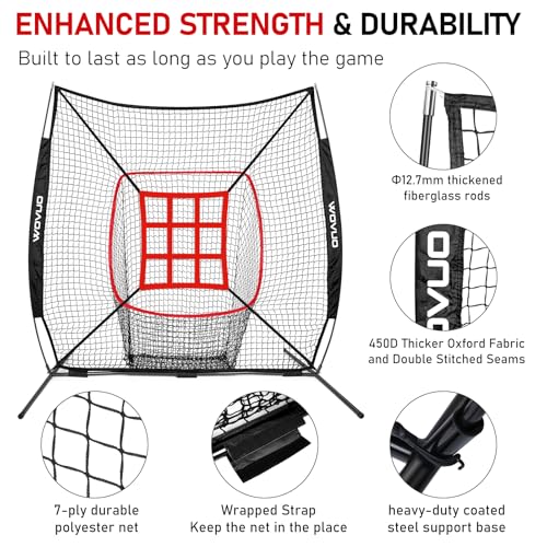 WOVUO Black 6x6 ft Baseball & Softball Hitting & Pitching Net with Strike Zone & Tee