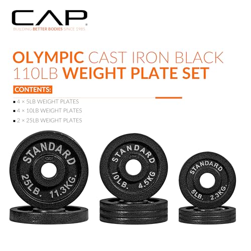 CAP 110lb Olympic Cast Iron Weight Plate Set - Black, 2-Inch Plates for Strength Training