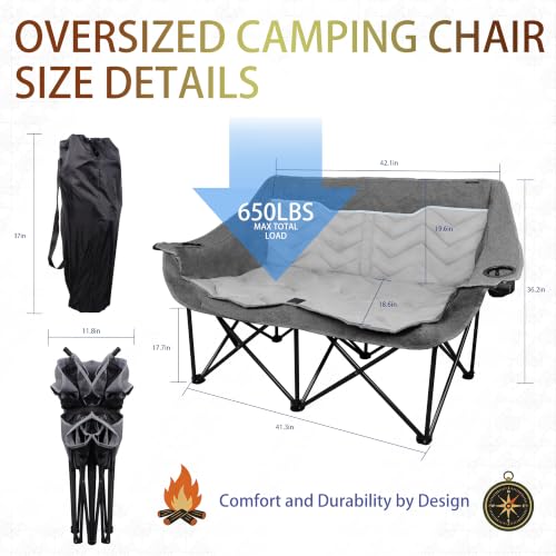 VAGANTH Grey Oversized Fully Padded Double Camping Chair XL 650LB Support
