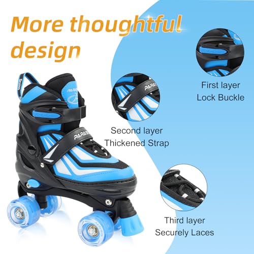 PAPAISON Kids Adjustable Roller Skates for Boys & Girls - Blue, Large (Youth 3-6 US)