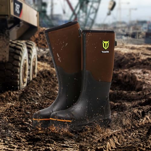 TIDEWE Men's Brown Rubber Work Boots with Steel Toe & Shank, Waterproof, Size 11