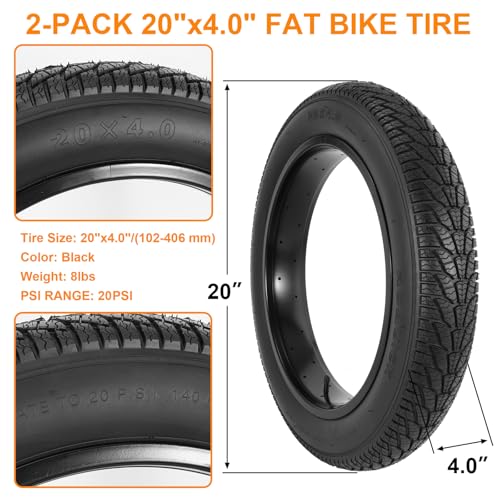 RUHUO 2-Pack 20x4.0 Fat Bike Tires & Inner Tubes Set - Black, Versatile for Mountain & Electric Bikes, Foldable