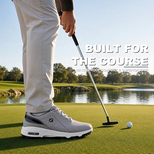 Men's Waterproof Golf Shoes Wide Spiked Non Slip Grey White - FENLERN 10