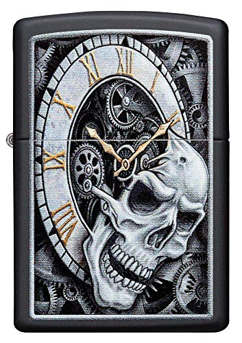 Zippo Skull Clock Design Black Matte Pocket Lighter - Black Ice Rib Cage Variation