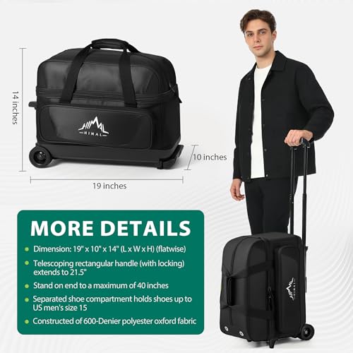 GoHimal 2-Ball Bowling Bag with Wheels, Large Shoe Compartment - Black