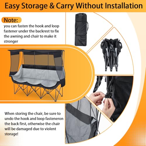 Teenyyou 3-Person Camping Chair with Canopy - Heavy Duty Black, Supports 700lbs