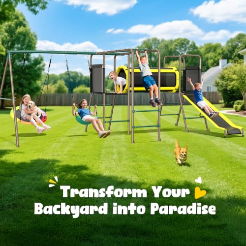 Hapfan Backyard Swing Set with Slide, Crawl Tunnel & Monkey Bars - Green & Brown