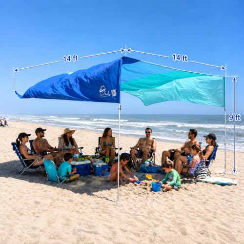 Beach Shade Sail 14x14 ft Blue Tones Wind-Propelled Canopy No Ropes, UV50+ Large Group