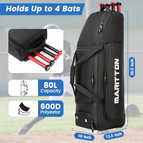 MERALIAN Black Rolling Baseball Bag with Wheels for 4 Bats and Gear