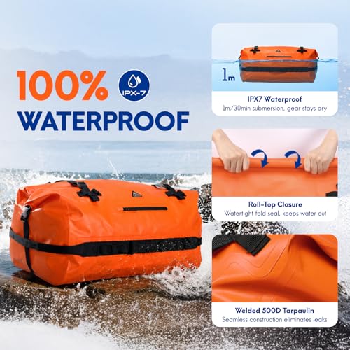 Haimont Waterproof Roll-Top Dry Duffel Backpack Bag 90L Orange - IPX7 Outdoor Gear