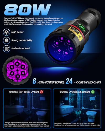 UV 365nm Black Light Flashlight 80W with Filtered Woods Lamp - Blackbeam B97
