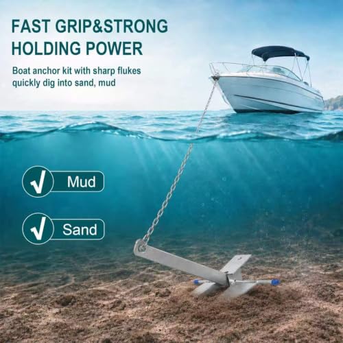 AmarinePlay 13LB Boat Fluke Danforth Anchor Kit for 20-32ft Boats with Chain Rope Shackles