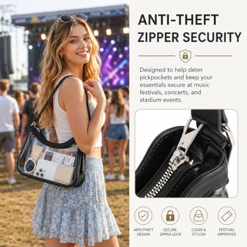 Clear Stadium Purse for Women - PVC with Privacy Wallet - Black