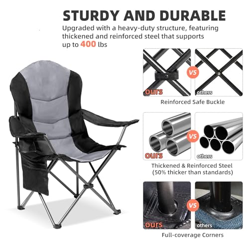 Foristrail 2-Pack Heavy Duty Folding Camping Chairs with Lumbar Support & Cup Holders, Black & Light Gray
