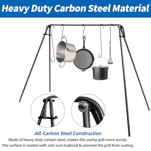 Portable Campfire Swing Cooking Grill Stand with Adjustable Grate & Hooks