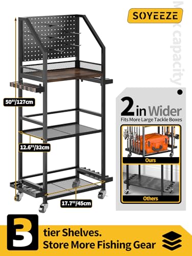 Fishing Rod Holders for Garage - Holds Up to 12 Rods with Pegboard Hooks - Black, 3-Sided with 6 Hooks