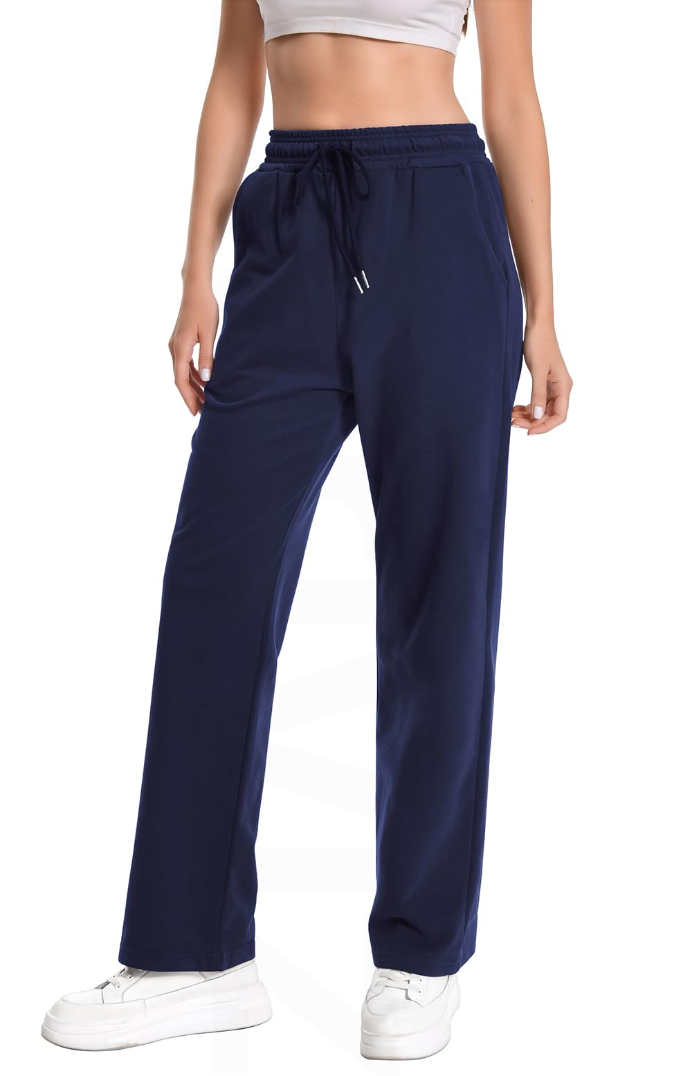 Straight Leg Stretch Cotton Women's Sweatpants Beach Joggers Lounge Womens Bowling Pants Trendy Athletic Women Slacks Track Workout Dance High Waisted Trousers Yoga Pants with Pockets Navy Blue L