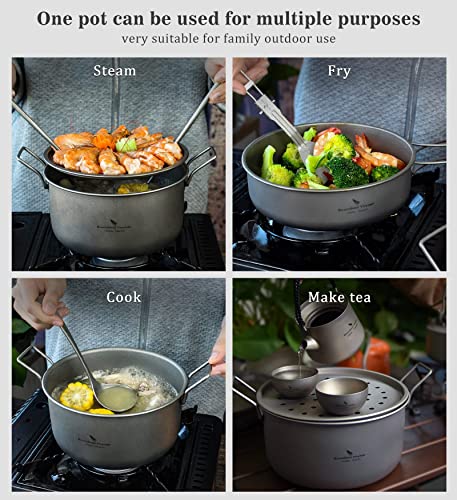 Boundless Voyage 1900ML Titanium Camping Steamer Pot with Frying Pan & Vented Lid