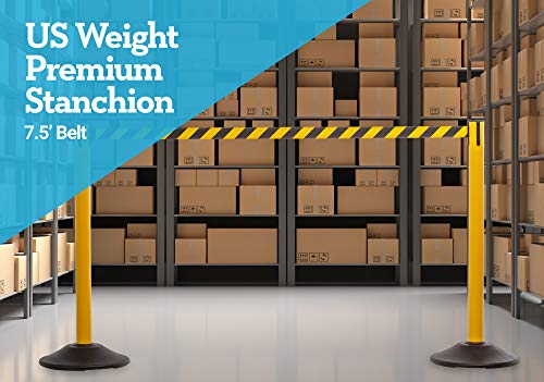 US Weight Yellow Steel Crowd Control Stanchion with 7.5-Foot Retractable Chevron Belt