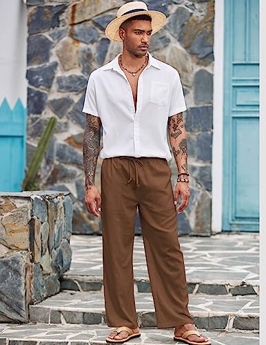 Men Linen Pants Casual Elastic Waist Drawstring Summer Beach Pants - Medium Brown