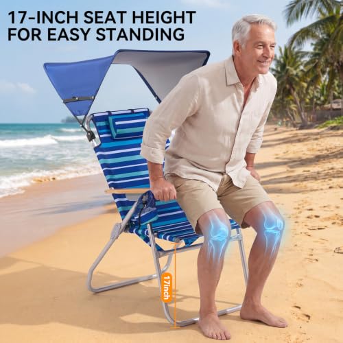 17-Inch Tall Blue Striped Beach Chair with Canopy Shade, Supports 350 lbs