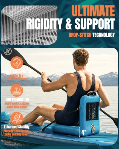 UPWELL Blue Inflatable Kayak Seat with Back Support, Drop Stitch Paddle Board Cushion